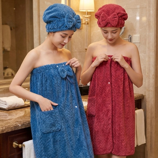 Tragbares Badetuch mit Haartrocknungshaube | LUXROBA