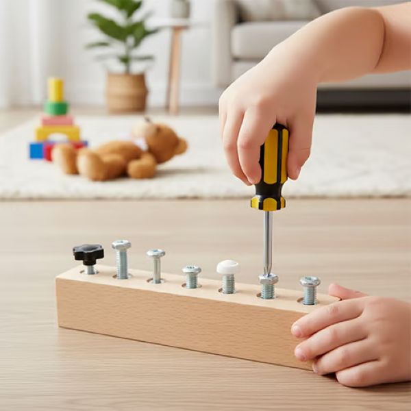 Montessori Schraubbrett - Buchenholz, Echte Werkzeuge, Ab 3 Jahren | MINIMOJSTER